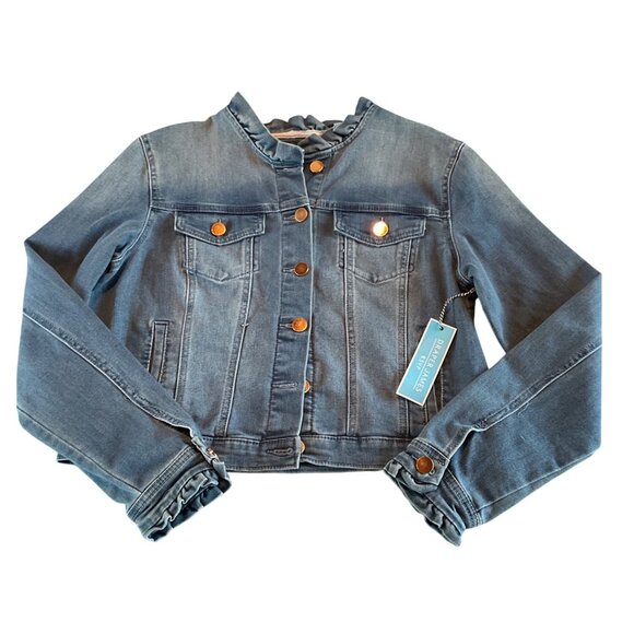 NWT Draper James Rsvp Womens Denim Jacket Ruffle Collar Button Front Indigo Sz L - Picture 1 of 12